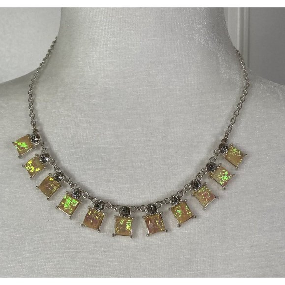 Etc Silver Tone Statement Necklace  Faux Yellow Fire Opal Rhinestone Bling Prom - Picture 1 of 10
